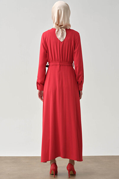 Tuğba Büzgü Detaylı Kemerli Elbise - Kırmızı