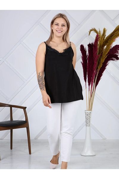 MODA Women's Black Plus Size Collar Guipure Detailed Viscose Strap Blouse