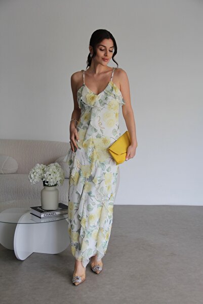 Julishop فستان طويل منقوش باللون الأصفر بدون سكر