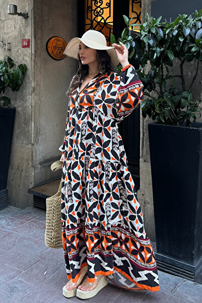 ASEDE 100% Viscose Bohemian Alaçatı Dress V-Neck Ethnic Patterned Viscose Dress Suitable for Hijab