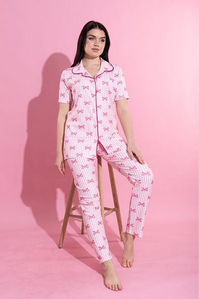şuranur Bow Tie Shirt Collar Buttoned Pajama Set Wide Fit