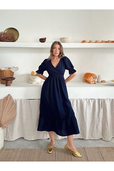 Lusin Rochie de damă, albastru bleumarin, cu decolteu în V, cu talie elastică, din țesătură de muselină, cu mânecă scurtă