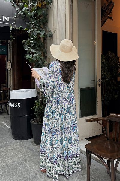 ASEDE 100% Viscose Bohemian Alaçatı Dress V-Neck Ethnic Patterned Viscose Dress Suitable for Hijab