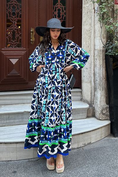 ASEDE Φόρεμα από 100% βισκόζη Bohemian Alaçatı Φόρεμα με λαιμόκοψη με έθνικ σχέδιο Φόρεμα βισκόζης Κατάλληλο για μουσουλμανικό