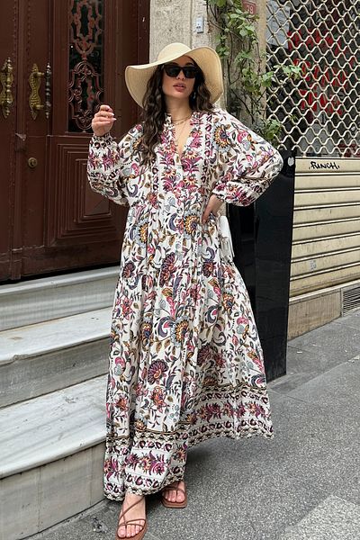 ASEDE 100% Viscose Bohemian Alaçatı Dress V-Neck Ethnic Patterned Viscose Dress Suitable for Hijab