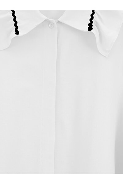 Modamorfo Poplin Tunic with Embroidery Detail on the Collar and Elastic Sleeves - White