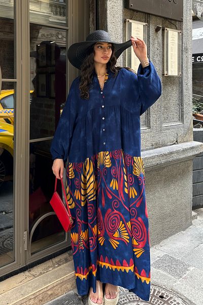 ASEDE 100% Viscose Bohemian Alaçatı Dress V-Neck Ethnic Patterned Viscose Dress Suitable for Hijab