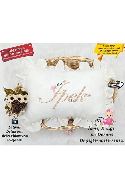 gros shop Müslin Kumaş Fırfırlı Takı Yastığı (Kişiye Özgü İsimli Nakış Desenli)