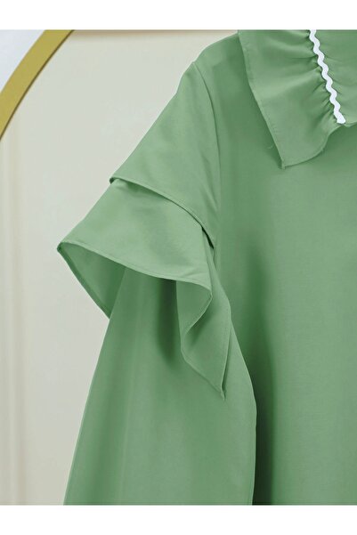 Modamorfo Poplin Tunic with Elastic Sleeves and Embroidery Detail on the Collar - Green