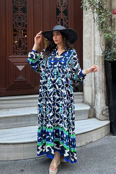ASEDE Φόρεμα από 100% βισκόζη Bohemian Alaçatı Φόρεμα με λαιμόκοψη με έθνικ σχέδιο Φόρεμα βισκόζης Κατάλληλο για μουσουλμανικό