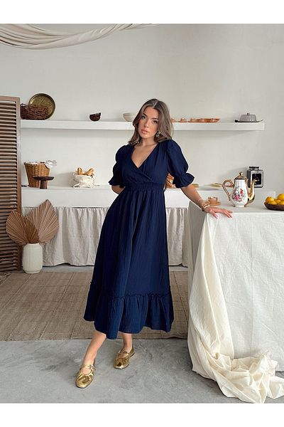 Lusin Rochie de damă, albastru bleumarin, cu decolteu în V, cu talie elastică, din țesătură de muselină, cu mânecă scurtă