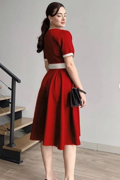 ALFUDO Moda Collection V Neck Double Color Midi Belt Dress