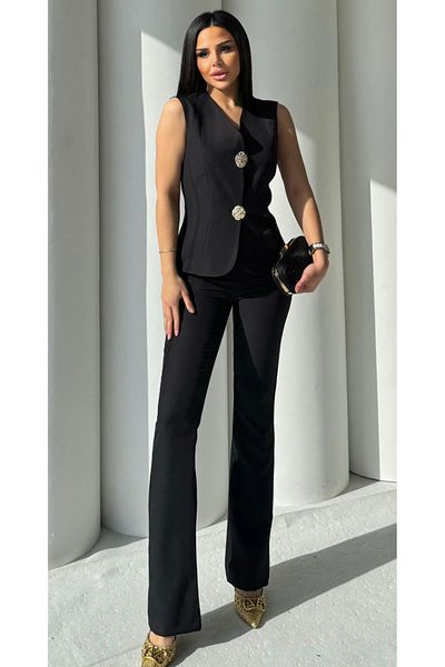pembekurdelem Women's Black Gold Buttoned Vest Pants Suit