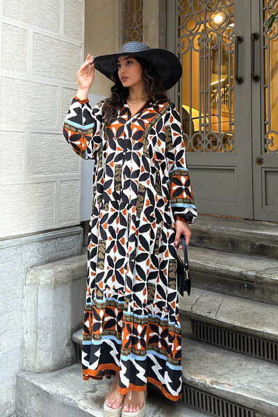 ASEDE 100% Viscose Bohemian Alaçatı Dress V-Neck Ethnic Patterned Viscose Dress Suitable for Hijab