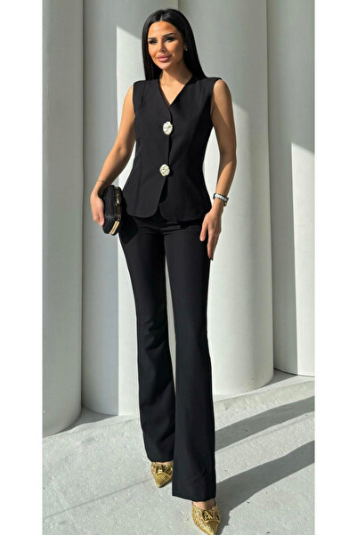 pembekurdelem Kadın Gold Düğmeli Yelek Pantolon Takım Siyah