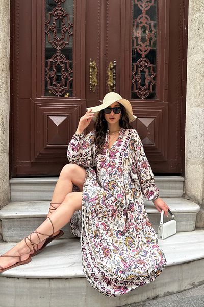 ASEDE 100% Viscose Bohemian Alaçatı Dress V-Neck Ethnic Patterned Viscose Dress Suitable for Hijab
