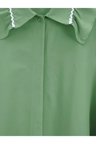 Modamorfo Poplin Tunic with Elastic Sleeves and Embroidery Detail on the Collar - Green