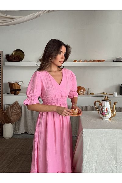 Lusin Γυναικείο κοντομάνικο φόρεμα από ύφασμα μουσελίνας με ροζ V λαιμόκοψη