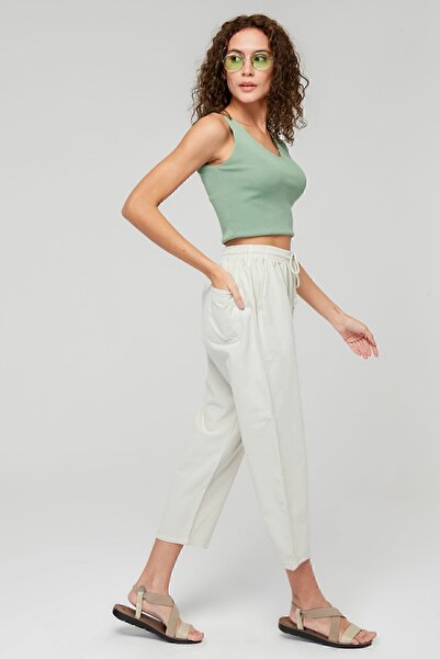 MONAHA Kadın Bej Rahat Kesim Bilek Boy Keten Pantolon - Organik Pamuklu, Yüksek Bel, Yazlık Monaha