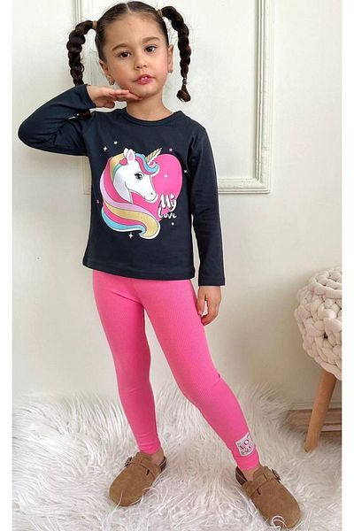 öykümgaleria Girl's Summer Ribbed Tights Unicorn Printed Top and Bottom Set
