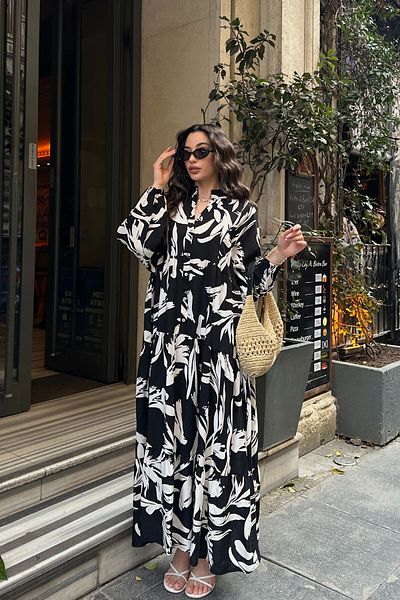 ASEDE 100% Viscose Bohemian Alaçatı Dress V-Neck Ethnic Patterned Viscose Dress Suitable for Hijab