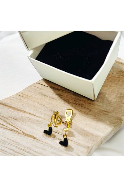 1PARÇAMAVİ Black Mini Heart Clip Pinch Earrings - Non-Perforated Ear Earrings