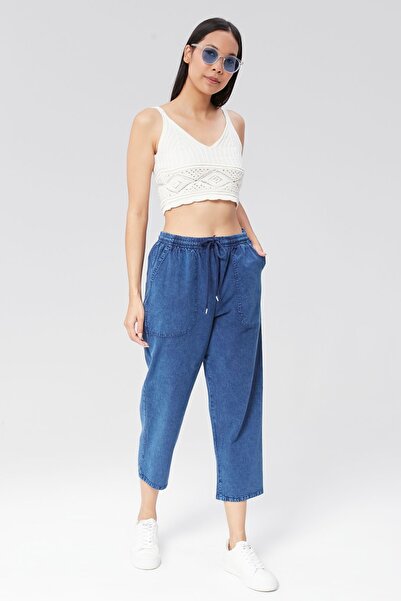 MONAHA Kadın Mavi Kot Görünümlü Bilek Boy Keten Pantolon - Pamuklu, Yıkamalı, Yazlık Monaha
