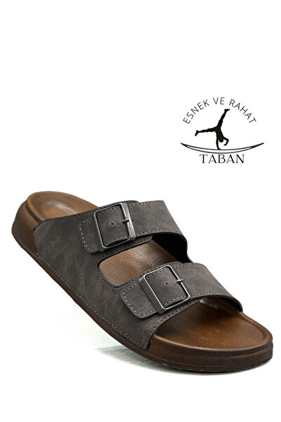 sermoda Çift Toka Ayarlanabilir Genişlik Esnek Rahat Deri Erkek Terlik 25103 Gri