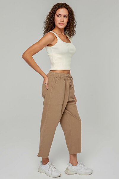 MONAHA Kadın Vizon Mom Fit Bilek Boy Keten Karışımlı Pantolon - Pamuklu, Cepli, Yazlık