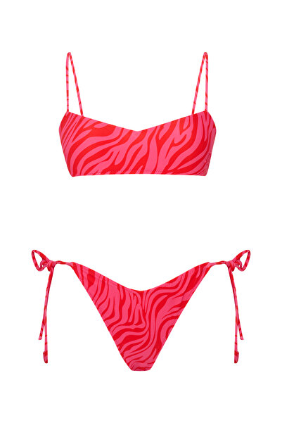 Beach&Beyond Kadın Fuşya Zebra V yaka ayarlanabilir askılı bikini üstü