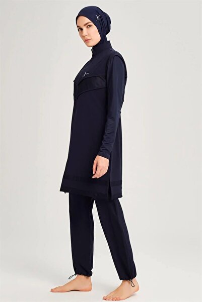 Haşema File Detaylı Lacivert 5 Parça Tam Tesettür Mayo Takımı 2853