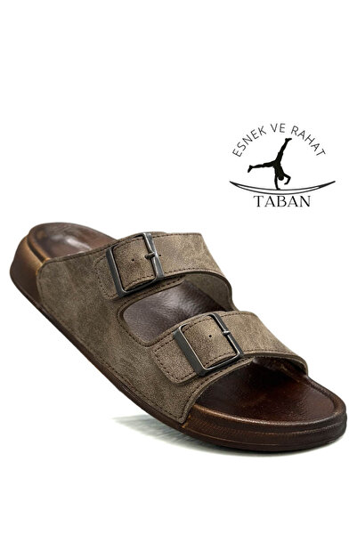 sermoda Ανδρικές παντόφλες με διπλή πόρπη με ρυθμιζόμενο πλάτος εύκαμπτες άνετες δερμάτινες ανδρικές παντόφλες 25103 Mink