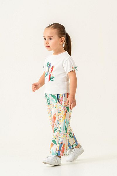 Magu Girl's Ecru Tropical Patterned Pants and Embroidered T-Shirt Set