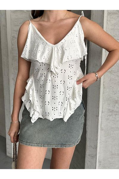 Butik Merrline Γυναικεία Λευκή Premium Κορυφαίας Ποιότητας Υφασμάτινη Μπλούζα με λουράκι με κορδόνια