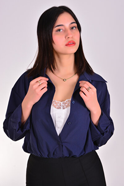 Melike Bakar Boutique Dantel Detay Crop Lacivert Gömlek