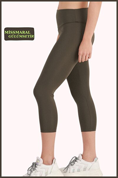 missmaral Women's Capri Tights Khaki Below the Knee High Waist Recovery Skinny Leg Cot Stitching Detailed Capri 1020