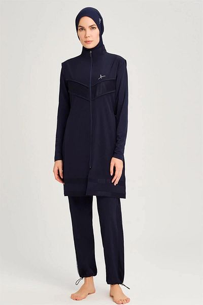 Haşema Navy Blue 5 Piece Full Hijab Swimsuit Set with Mesh Detail 2853