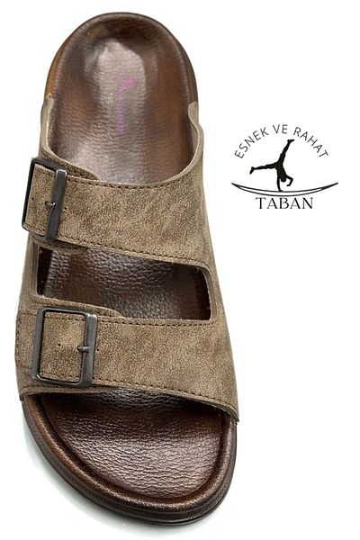 sermoda Double Buckle Adjustable Width Flexible Comfortable Leather Men's Slippers 25103 Mink