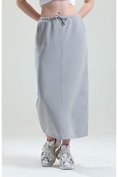 pulur.co Gray 100% Cotton Slit Midi Skirt