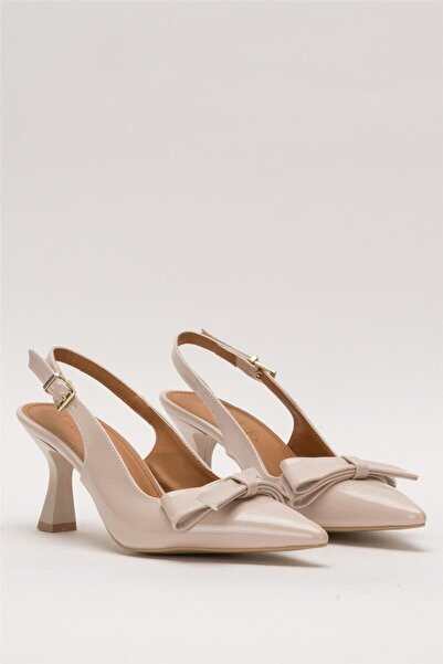 Liger Women's Bow Buckle Pointed Toe Open Back 8 cm Heeled Shoes Beige
