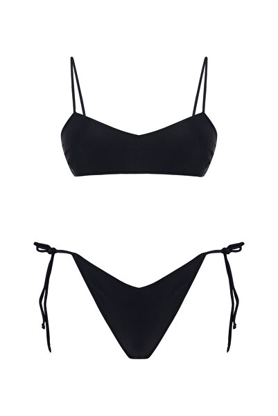 Beach&Beyond Kadın Siyah V yaka ayarlanabilir askılı bikini üstü
