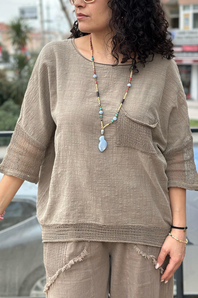 AYASOFYA OTANTIK Women's Brown Oversize Loose Linen Cotton Blouse with Mesh Detail and Skirt