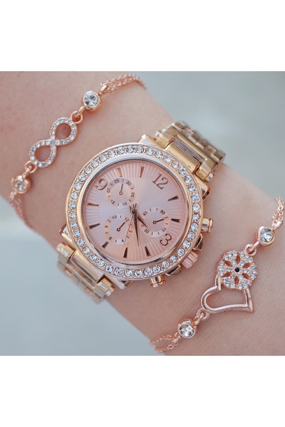 Polo Rosegold Metal kordon Taşlı Paşa Model Lüx Bileklikli kadın saat Kombini 8600