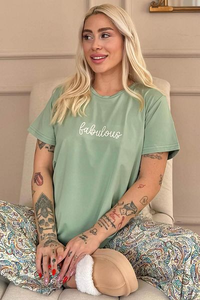 Pijamaevi Mint Fabulous Patterned Short Sleeve Knitted Women's Pajamas Set