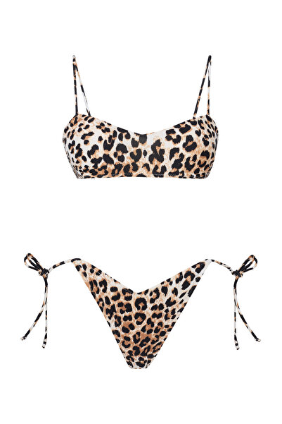 Beach&Beyond Kadın Leopar V kesim yandan bağcıklı bikini altı