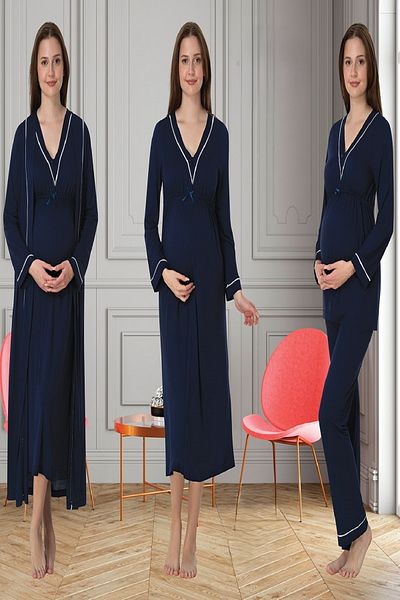 Puerpera Effortt Ribbed Sports Maternity Nightgown Dressing Gown and Pajama Set 4056