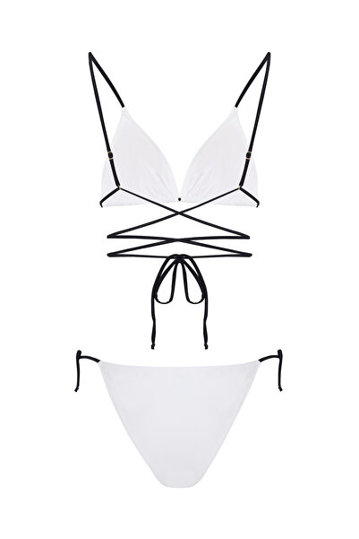 Beach&Beyond Kadın Beyaz-Siyah ipli V kesim yandan bağcıklı bikini altı