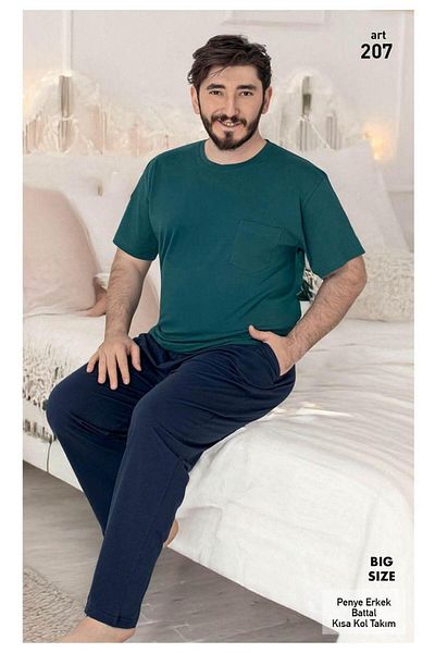 XORVİO Men's Oversize Short Sleeve Long Pants Cotton Cotton Crew Neck T-Shirt Pants Pajama Suit with Pocket