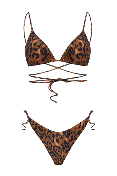 Beach&Beyond Kadın Kahve Leopar V kesim yandan bağcıklı bikini altı