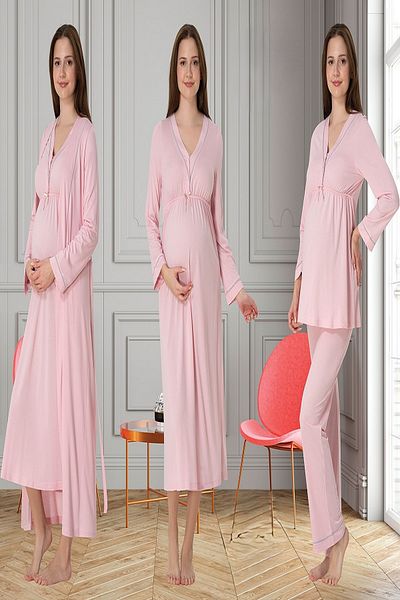 Puerpera Effortt Ribbed Sports Maternity Nightgown Dressing Gown and Pajama Set 4056